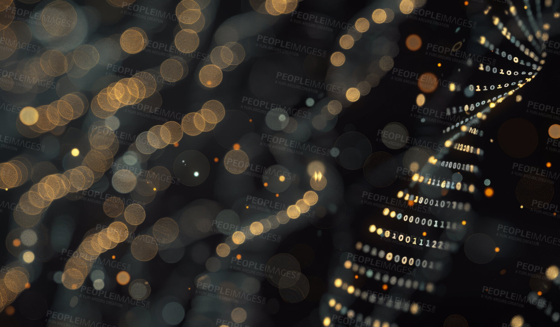 Buy stock photo Bokeh, design and background with pattern, texture and info for connection of binary data tech. Light, defocused blur and backdrop illustration with futuristic dots, glitter or glow of magic circle