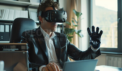 Buy stock photo Business man, office and VR with futuristic glasses in metaverse, hand and computer. Technology, digital and design for online architecture, interactive glove and desk for workplace with gadget