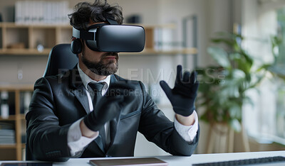 Buy stock photo Man, office and vr for metaverse with tablet to monitor performance and interactive glove for hand tracking or accessibility. Businessman and virtual reality for web training or simulation for design