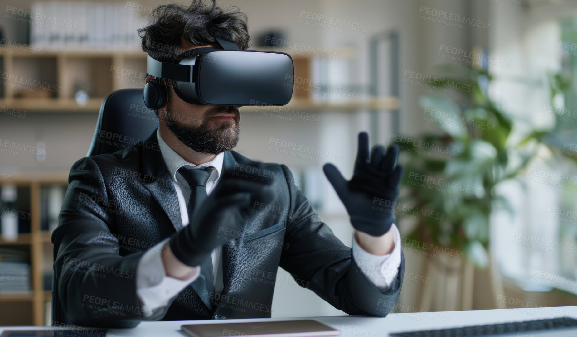 Buy stock photo Man, office and vr for metaverse with tablet to monitor performance and interactive glove for hand tracking or accessibility. Businessman and virtual reality for web training or simulation for design