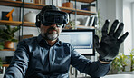 Man, office and vr for metaverse with screen to monitor performance and interactive glove for hand tracking or accessibility. Mature, businessman and virtual reality for web training or simulation.