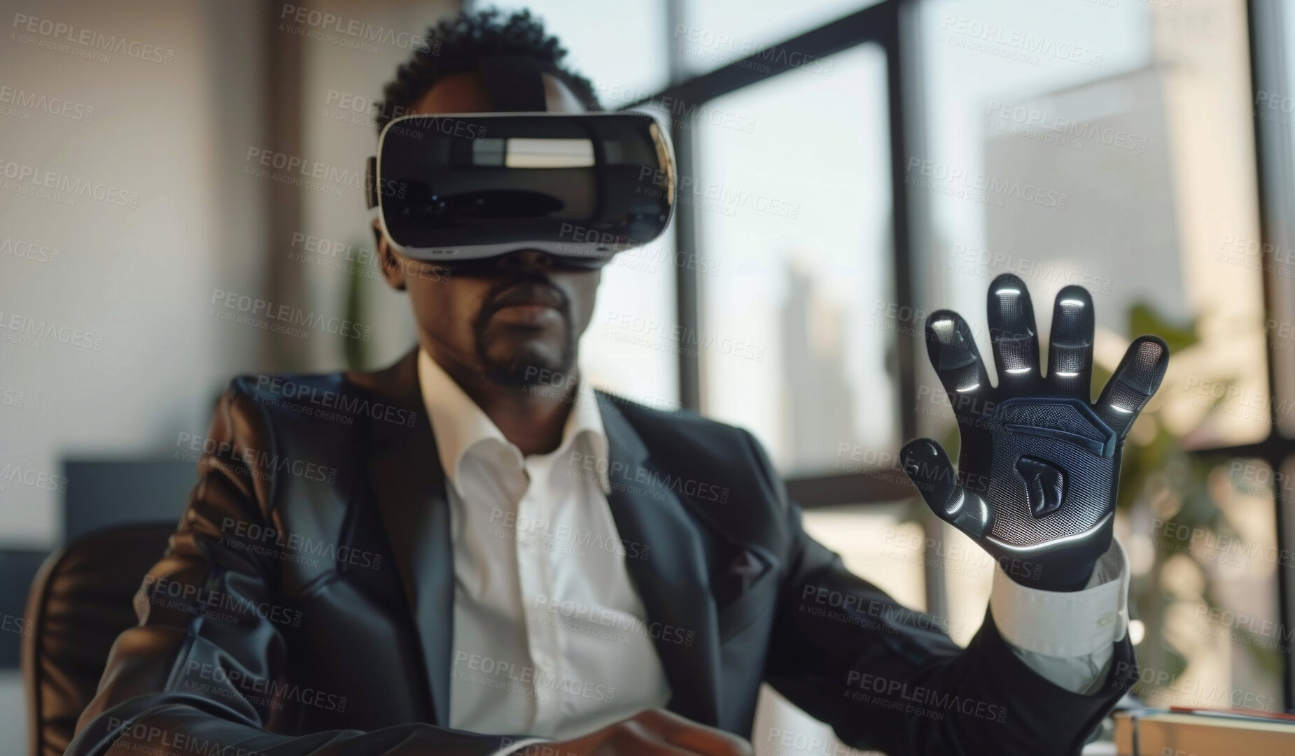 Buy stock photo Black man, office and vr for metaverse with screen to monitor performance and interactive glove for hand tracking or accessibility. Businessman and virtual reality for web training or simulation.