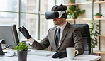 Businessman, hand and vr headset in office for interactive training simulation with gloves for tracking motion. Male person and technology for digital meeting in metaverse for futuristic contact