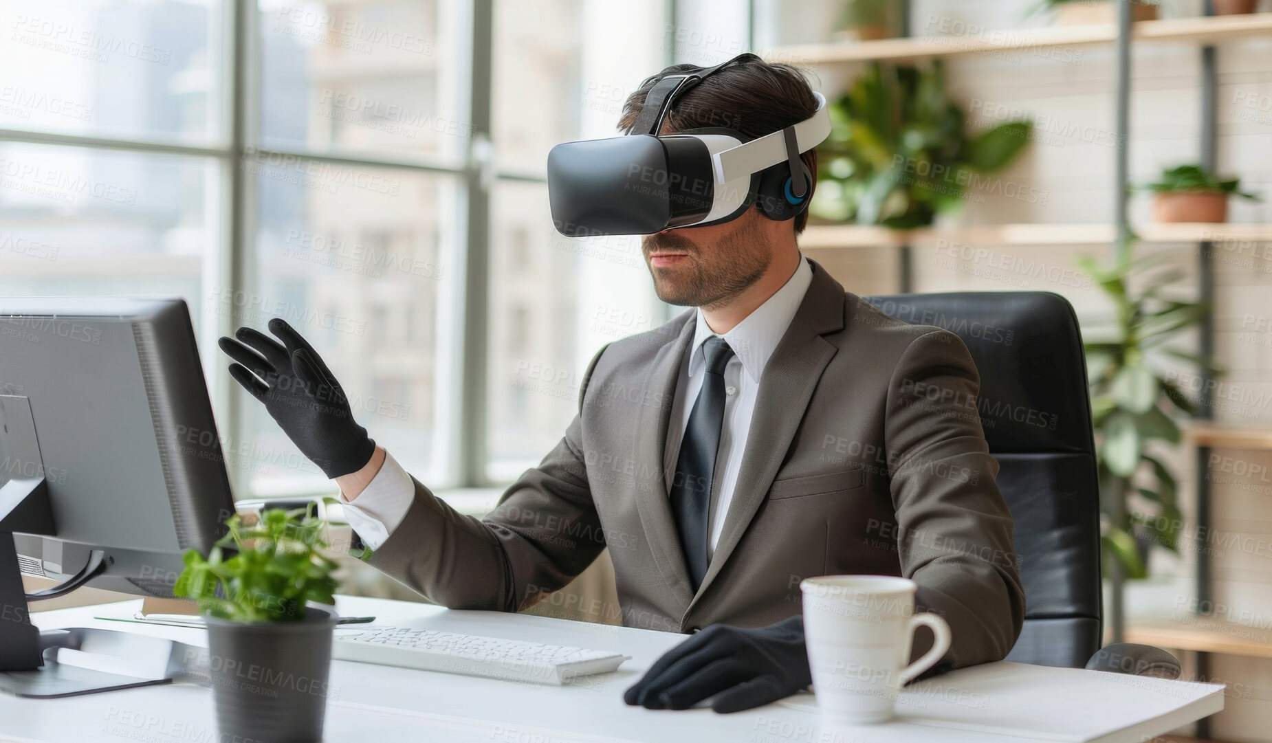 Buy stock photo Businessman, hand and vr headset in office for interactive training simulation with gloves for tracking motion. Male person and technology for digital meeting in metaverse for futuristic contact