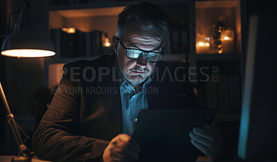 Buy stock photo Businessman, tablet and desk in office at night for safety of company database. Mature person, typing or ceo and technology with password for protection of corporate network, banking and server