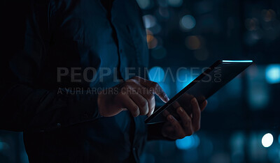 Buy stock photo Man, hands and night with tablet for research, server maintenance or digital innovation in control room. Closeup of male person, technician or data analyst working late on technology for connectivity