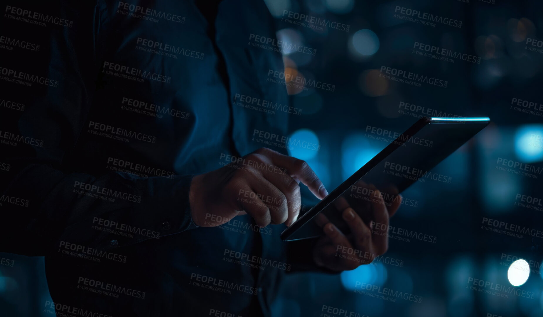 Buy stock photo Man, hands and night with tablet for research, server maintenance or digital innovation in control room. Closeup of male person, technician or data analyst working late on technology for connectivity