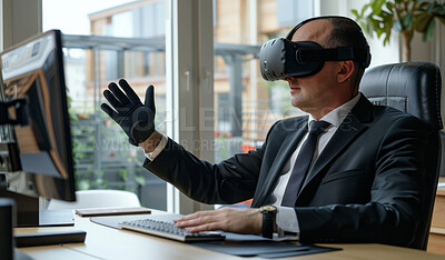 Buy stock photo Businessman, hand and vr headset in office for interactive training simulation with gloves for tracking motion. Male person and technology for digital meeting in metaverse with virtual workplace