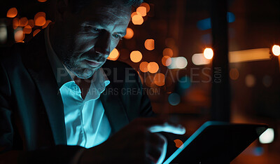 Buy stock photo Tablet, reading and businessman in office at night for cybersecurity programming on internet. Professional, research and male software developer analyzing data with digital technology for deadline.