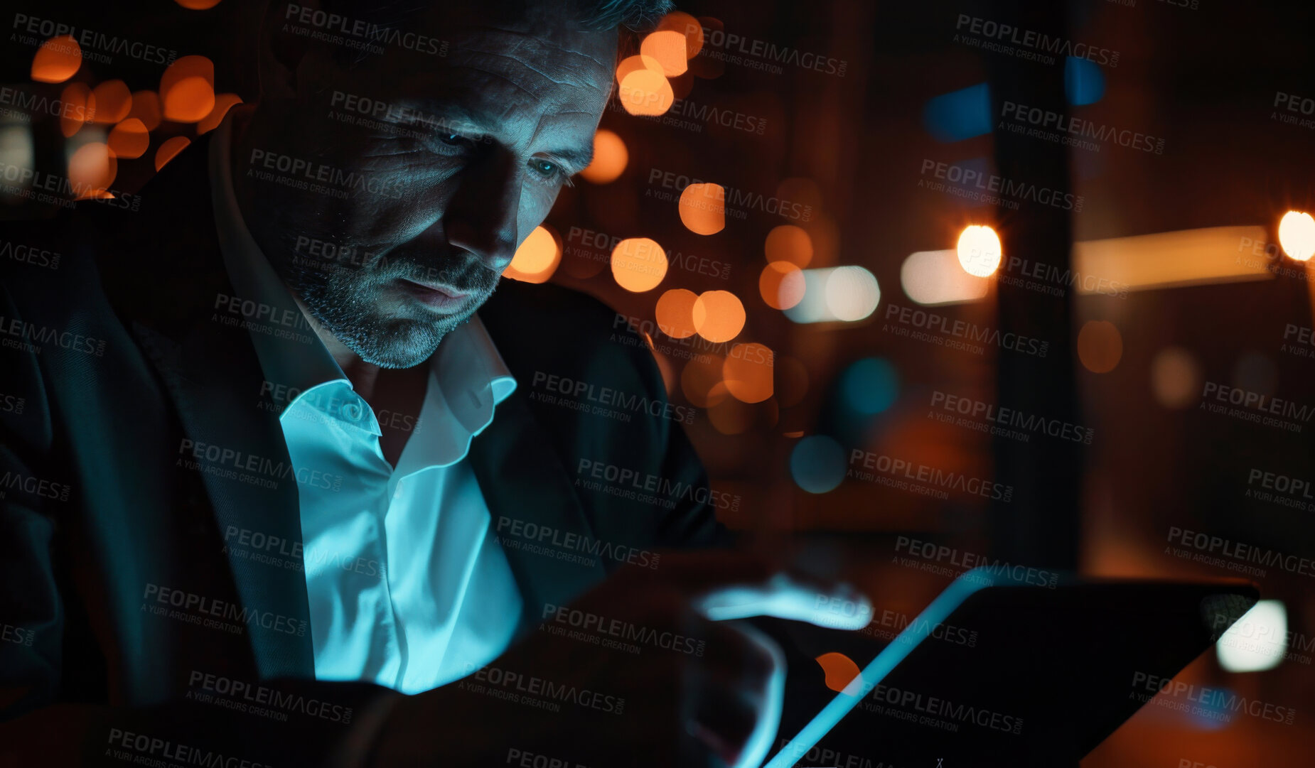 Buy stock photo Tablet, reading and businessman in office at night for cybersecurity programming on internet. Professional, research and male software developer analyzing data with digital technology for deadline.