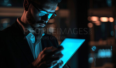 Buy stock photo Tablet, research and businessman in office at night for cybersecurity programming on internet. Professional, reading and male data scientist analyzing data online with digital technology for deadline