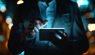 Buy stock photo Tablet, hands and businessman in office at night for cybersecurity programming on internet. Professional, research and male data scientist analyzing information with digital technology for deadline.