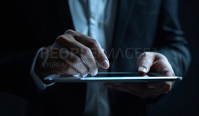 Buy stock photo Tablet, hands and businessman with research at night in office for cybersecurity programming on internet. Professional, reading and male developer analyzing data with digital technology for deadline.