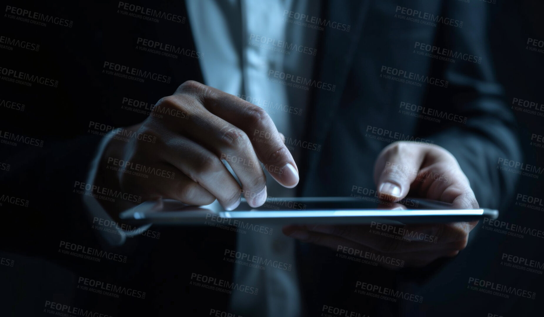 Buy stock photo Tablet, hands and businessman with research at night in office for cybersecurity programming on internet. Professional, reading and male developer analyzing data with digital technology for deadline.