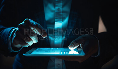 Buy stock photo Tablet, hands and businessman online at night in office for cybersecurity programming on internet. Professional, research and male developer analyzing data with digital technology for deadline.