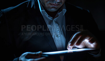 Buy stock photo Tablet, research and hands of businessman in office at night for cybersecurity programming on internet. Professional, reading and male data scientist analyzing information with digital technology.