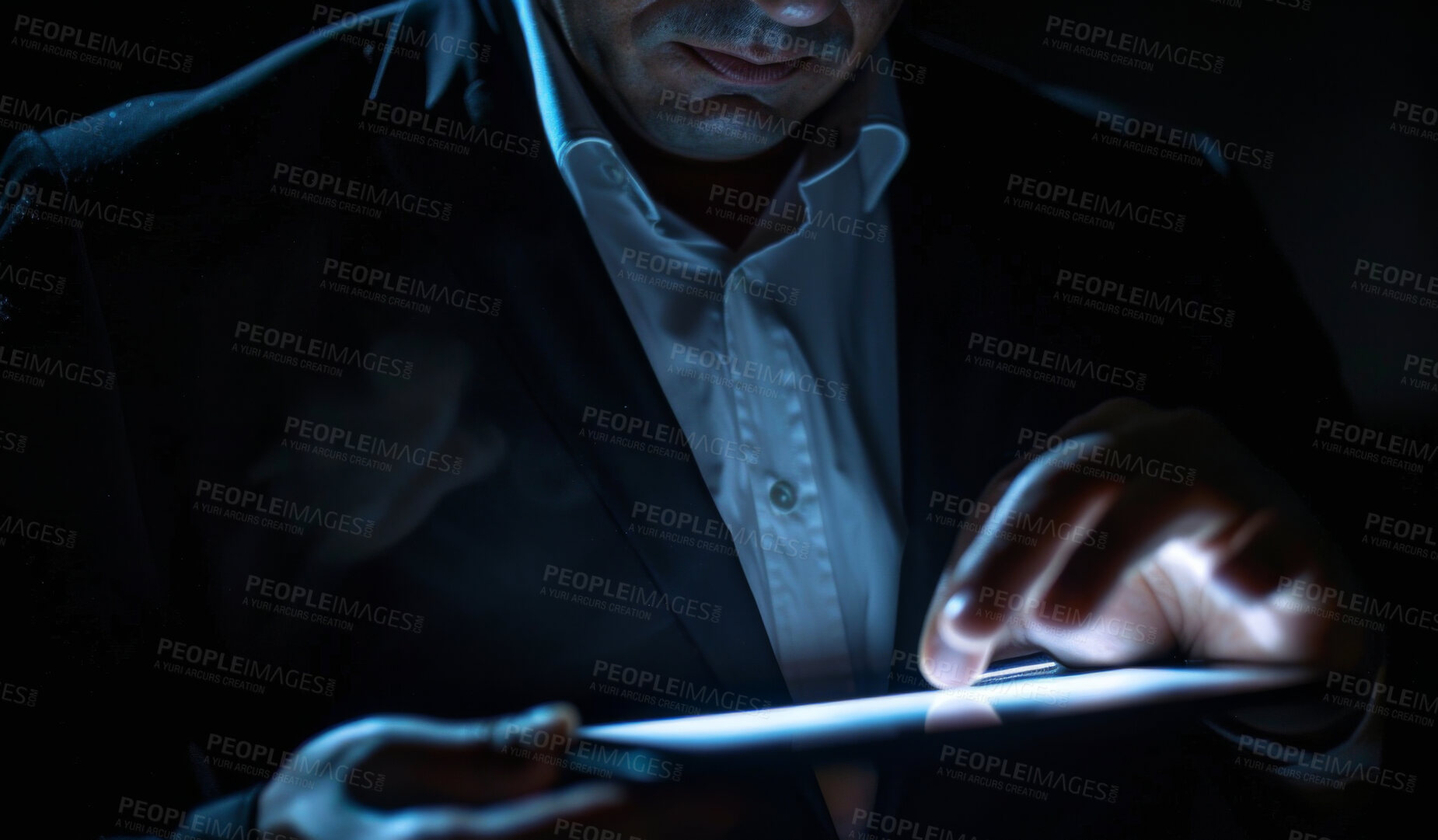 Buy stock photo Tablet, research and hands of businessman in office at night for cybersecurity programming on internet. Professional, reading and male data scientist analyzing information with digital technology.