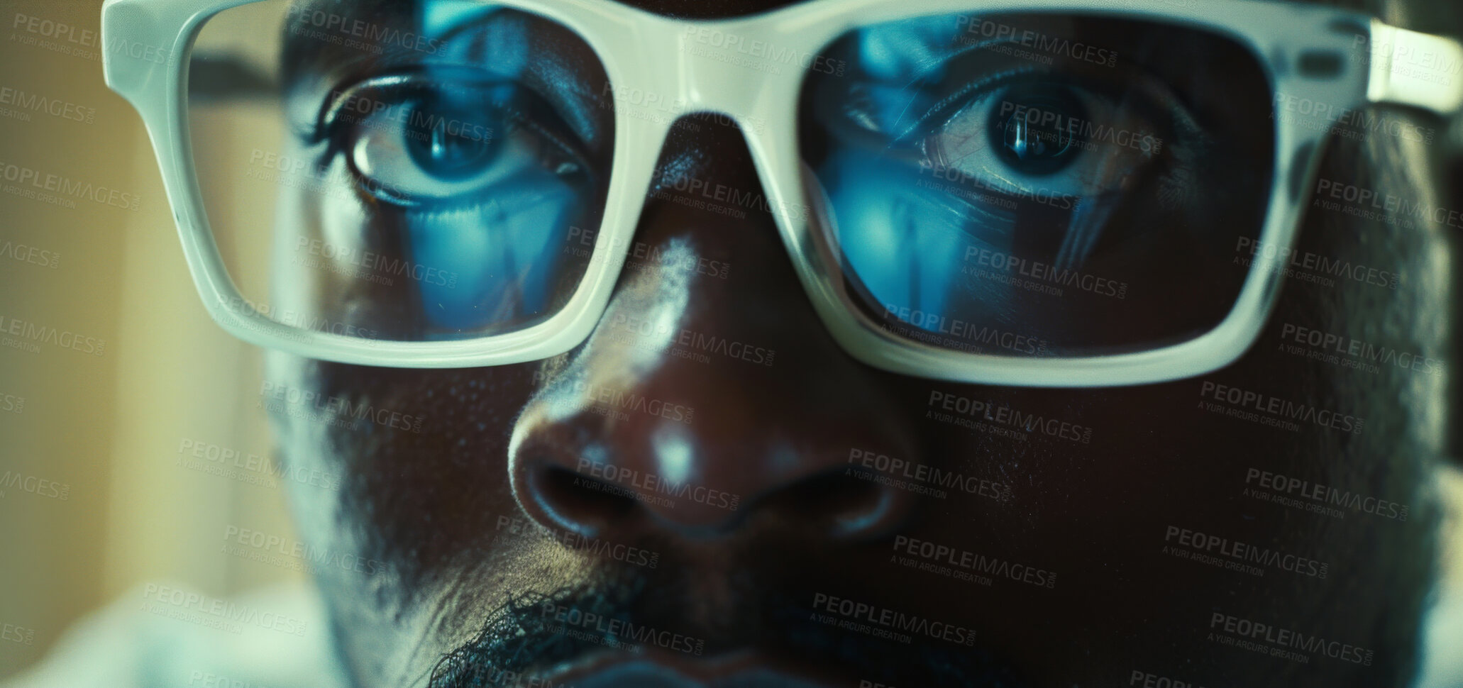 Buy stock photo Closeup, business and black man with glasses, thinking and ideas with clear vision, productivity and hacker. African person, employee and worker with eyewear, optometry and care with reflection