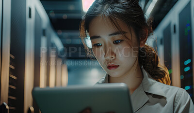 Buy stock photo Server room, asian woman and tablet for software, developer and information technology for inspection. Research, connect and female programmer for IT problem solving, system results and cybersecurity