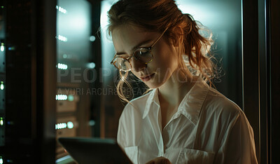 Buy stock photo Woman, engineering or tablet in server room as data center, system solution or electrician for inspection. Night, software analysis or female developer for IT problem solving, cybersecurity or result