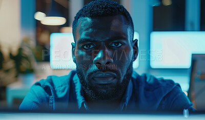 Buy stock photo Portrait, black man and thinking in office, computer and digital for future of ai, bokeh and software. Business, big data and corporate for male employee, online and internet connection for network