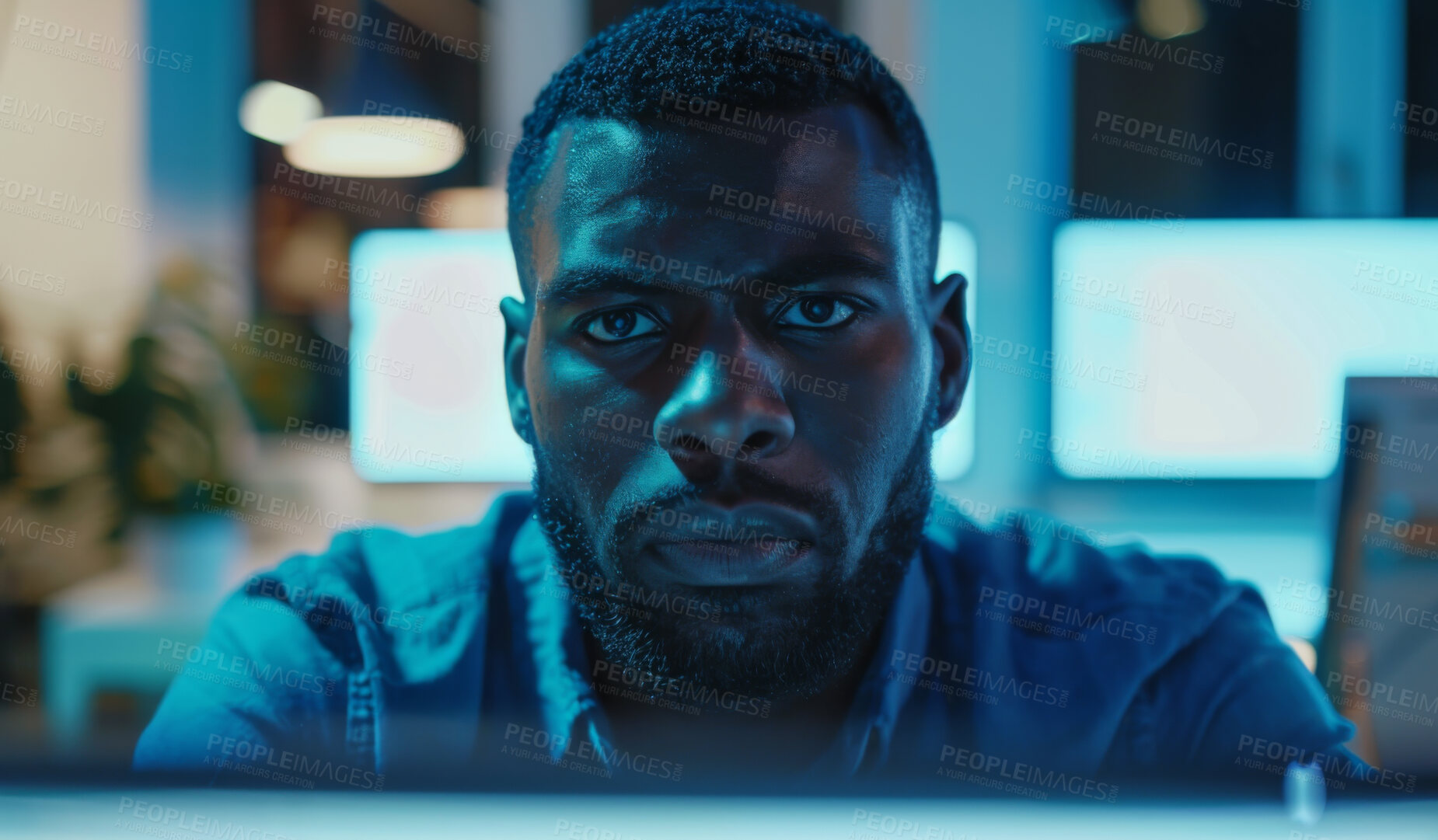 Buy stock photo Portrait, black man and thinking in office, computer and digital for future of ai, bokeh and software. Business, big data and corporate for male employee, online and internet connection for network