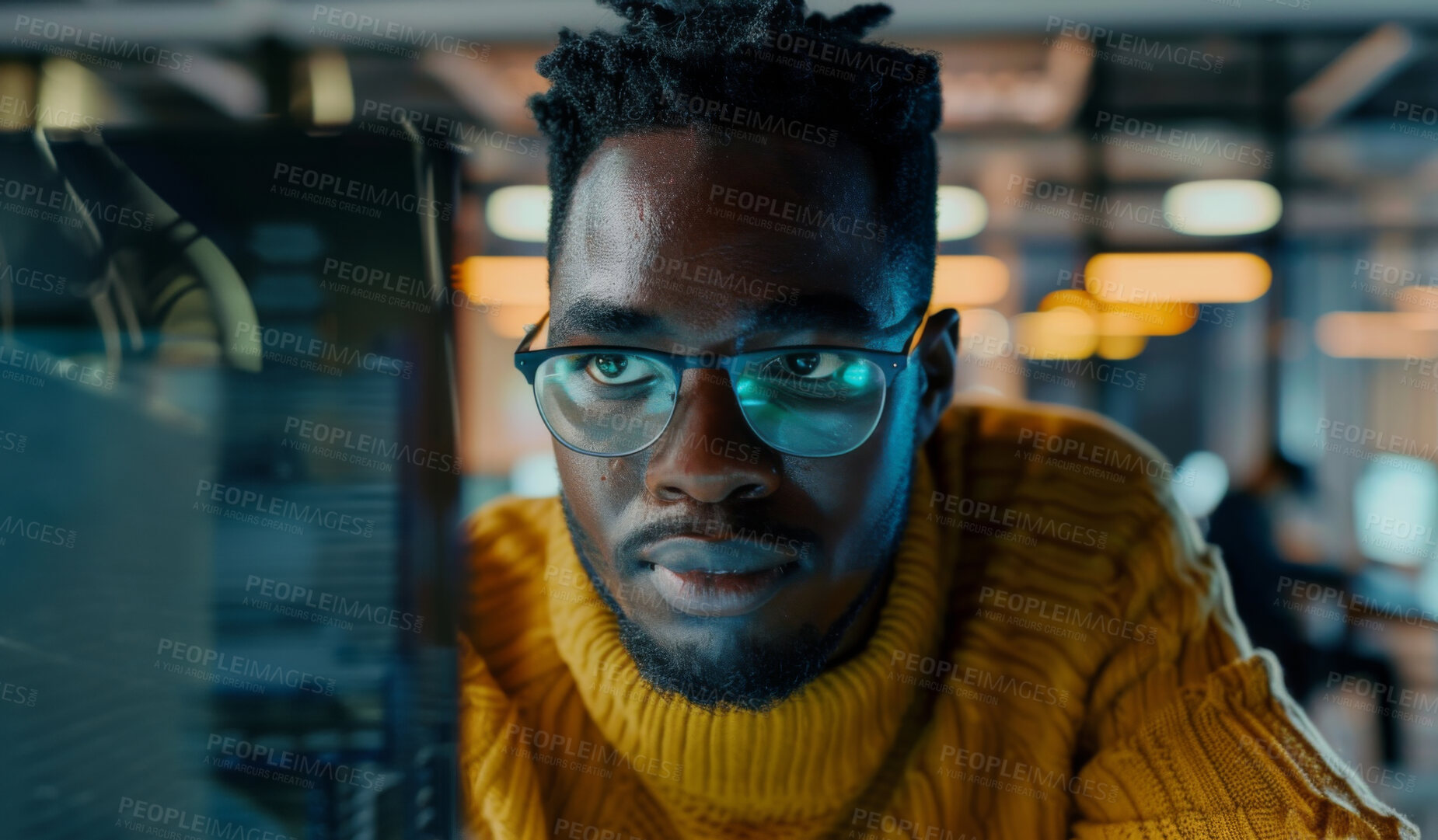 Buy stock photo Computer, face and night with black man programmer in office for coding, software or web development. Cybersecurity, programming and technology with serious engineer reading code for app support