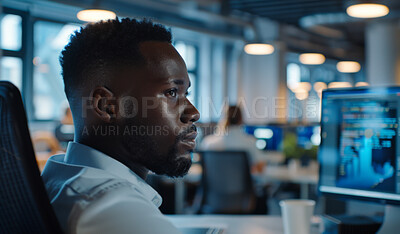 Buy stock photo Programmer, black man and thinking in office, computer and digital for future of ai, bokeh and software. Business, big data and corporate for male employee, online and internet connection for network