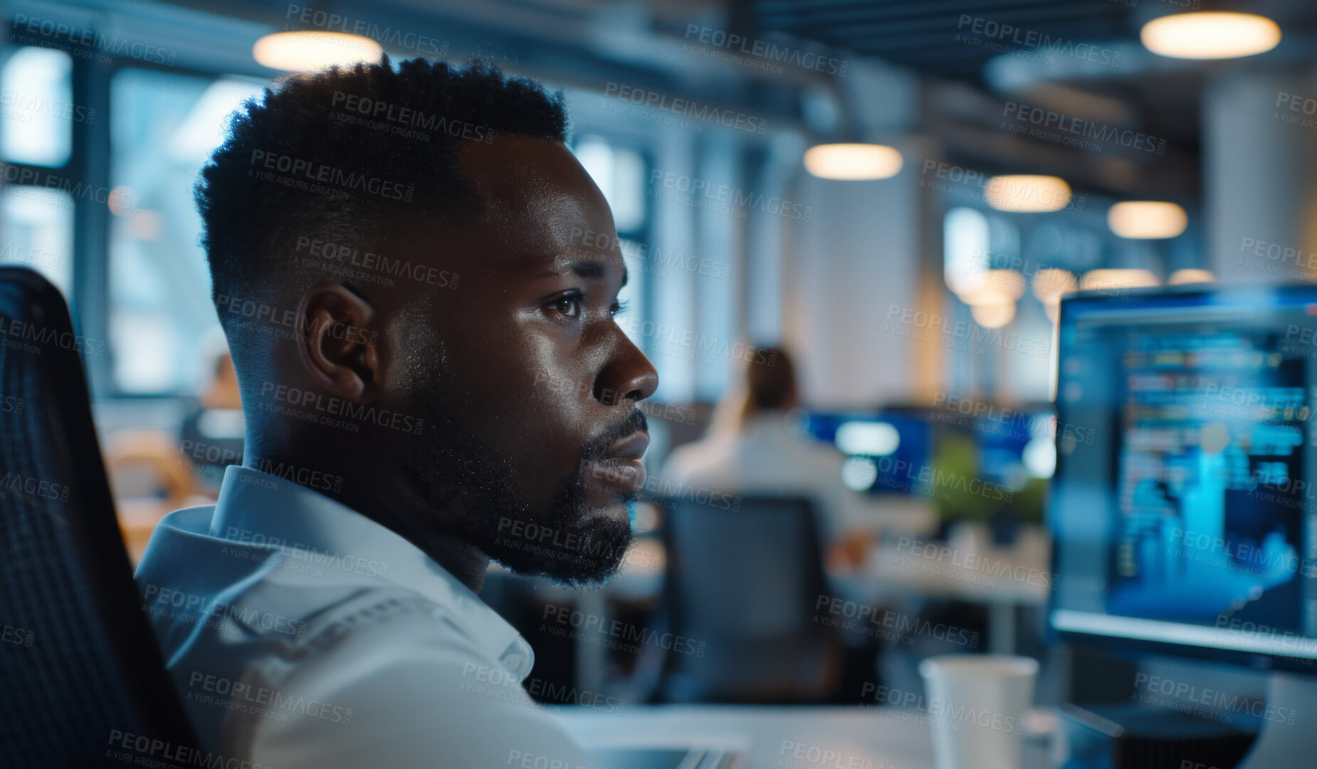 Buy stock photo Programmer, black man and thinking in office, computer and digital for future of ai, bokeh and software. Business, big data and corporate for male employee, online and internet connection for network