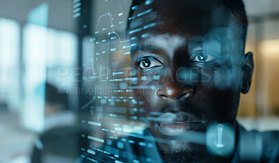 Buy stock photo Black man, data and code for network, cybersecurity and internet for cloud computing and future. Programmer, overlay and technician or software engineer with server, inspection and firewall security