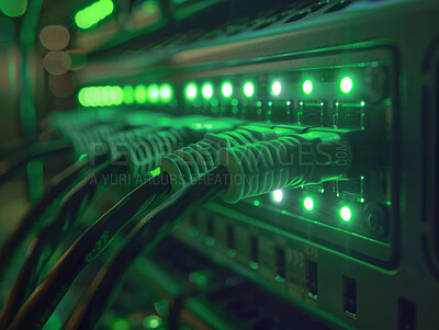 Control room, lights or wires in hardware for internet connection, computing network or cyber security. Cables background, information technology support or cords on machine equipment in data center