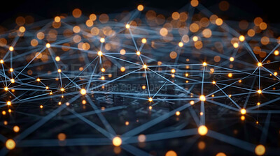 Abstract, star and background with network, model and connection for system structure. Lights, lattice and wireframe for science, physics and future study with particles and dust atom graphic