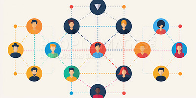 Illustration, networking or link for communication with icons connected for collaboration or sharing. Social, abstract or human symbol for connectivity with community joined in partnership for people