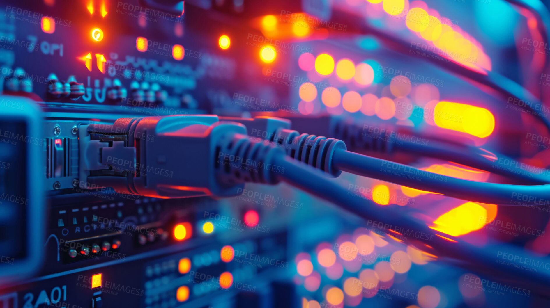 Buy stock photo Electronic server, cables and digital network for corporate database, connection and cloud computing. Futuristic, hardware and programming for cybersecurity of online business for safety innovation