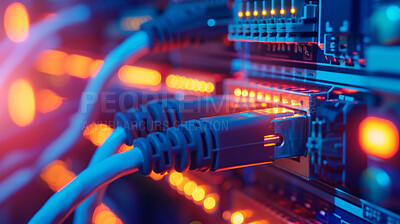 Buy stock photo Digital network, cable and electronic server for cyber security of company database and cloud computing. Futuristic hardware, programming and safety innovation and online business transactions