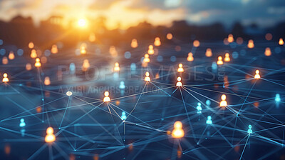 Abstract, network and data with communication for industry with emoji for cloud computing. Internet, connection and flare with graphic for world with horizon, glow and icon for digital future system