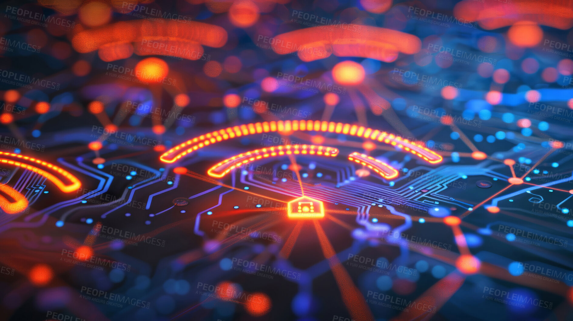 Buy stock photo Data, network and internet with symbol in abstract with emoji for cloud computing. Connection, neon and signal with digital technology, glow and icon for information system with global future