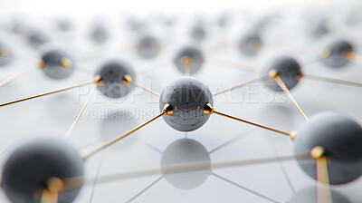 Abstract, molecule and background with network, model and connection for system structure. Sphere, lattice and wireframe for science, biology and future study with particles and marble atom graphic