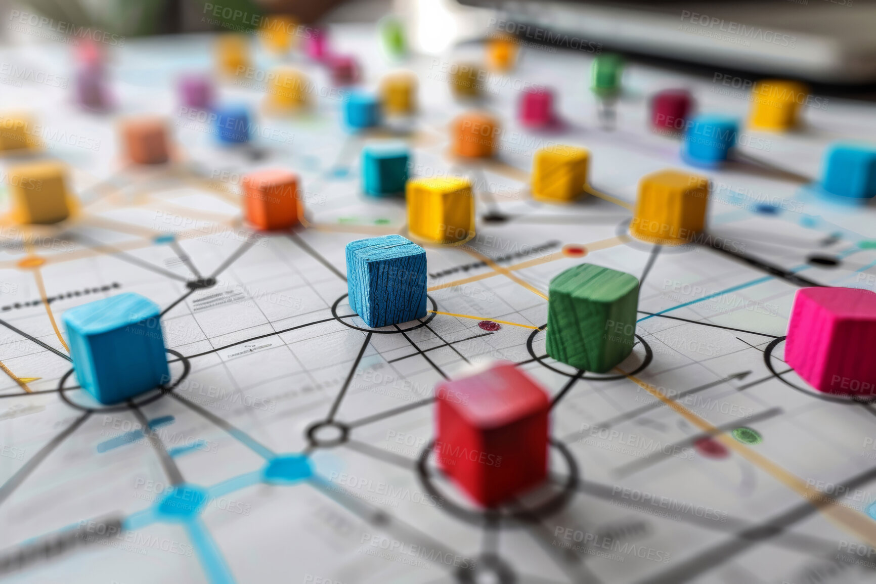 Buy stock photo Planning, closeup and map with color blocks for networking or social, cohesion and strategy for data center. Schematic, representation and chart for cloud computing, paper with digital logistics