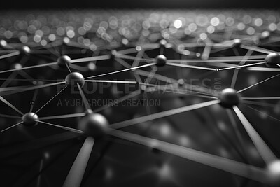 Abstract, molecule and background with wireframe, model and connection for system structure. Sphere, lattice and network for science, biology and future study with particles and marble atom graphic