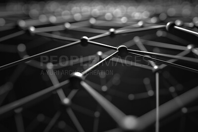 Abstract, molecule and background with atom, model and connection for system structure. Sphere, lattice and wireframe for science, biology and future study with particles and marble network graphic
