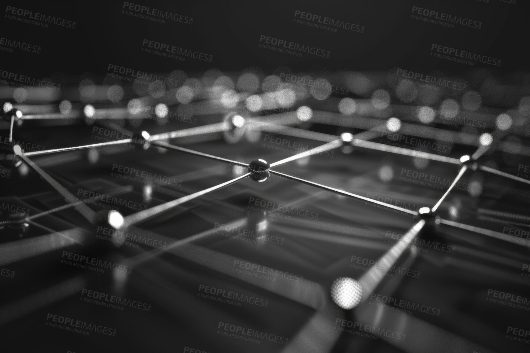 Buy stock photo Abstract, molecule and science with network, model and connection for system structure. Sphere, black and white wireframe for model, biology and future study with particles and marble atom graphic