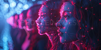 Women, robotics and face with scan, ai and futuristic with automation, biometrics and technology. People, humanoid or facial recognition with identity verification, modern or cyber system with sensor