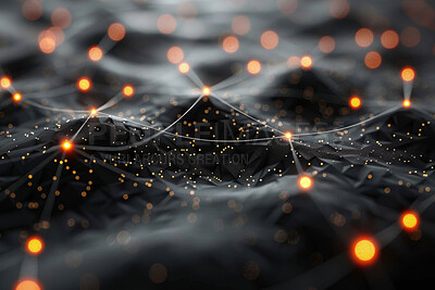Abstract, connection and wave with network, grid and stars for system structure. Background, lattice and wireframe for science, infrastructure and future study with particles and internet ocean