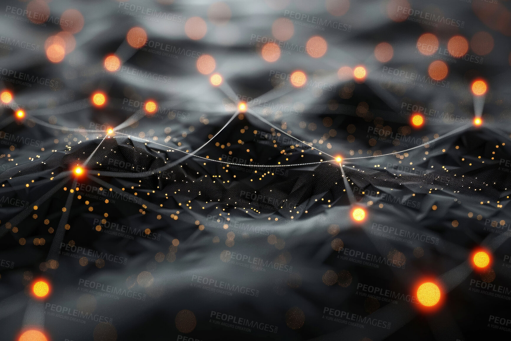 Buy stock photo Abstract, connection and wave with network, grid and stars for system structure. Background, lattice and wireframe for science, infrastructure and future study with particles and internet ocean