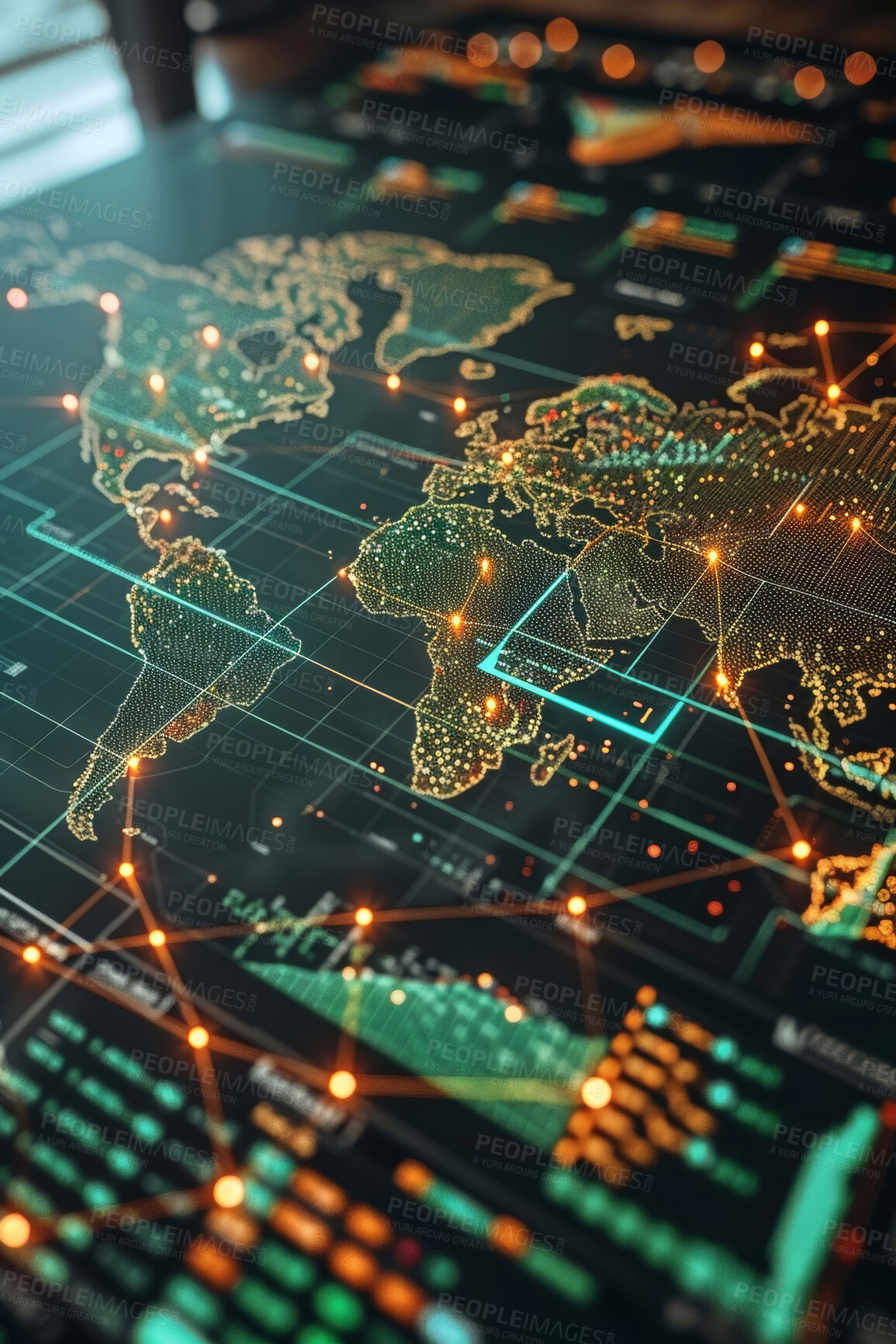 Buy stock photo Abstract, connection and map background with network, grid and stars for system structure. Planning, lattice and wireframe for science, infrastructure and future study with particles and internet