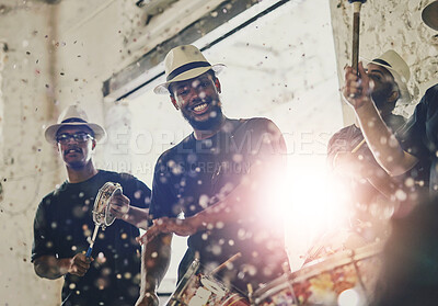 Buy stock photo Men, performance and music at carnival for sound, creativity and art for event or party. Glitter, Brazilian band and happy or dancing for festival, celebration and community or culture for concert  