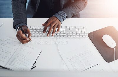 Buy stock photo Legal documents, hands and top view of desk, computer and keyboard with contract for deal agreement. Lawyer, technology and notebook for person, law firm and planning with website and case report