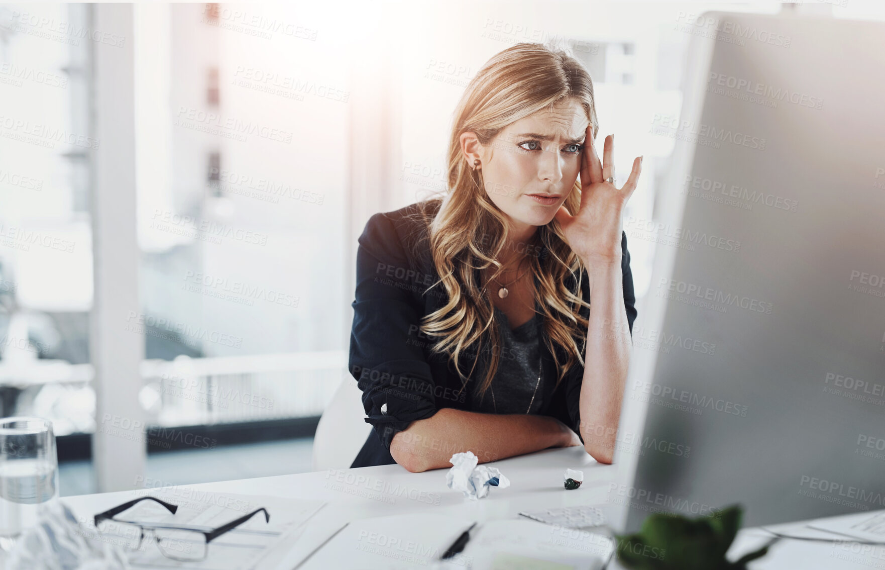 Buy stock photo Business, computer and woman with headache, stress and frustrated for software update glitch, error 404 and deadline. Burnout, employee and consultant with pc, migraine and workflow crisis with email