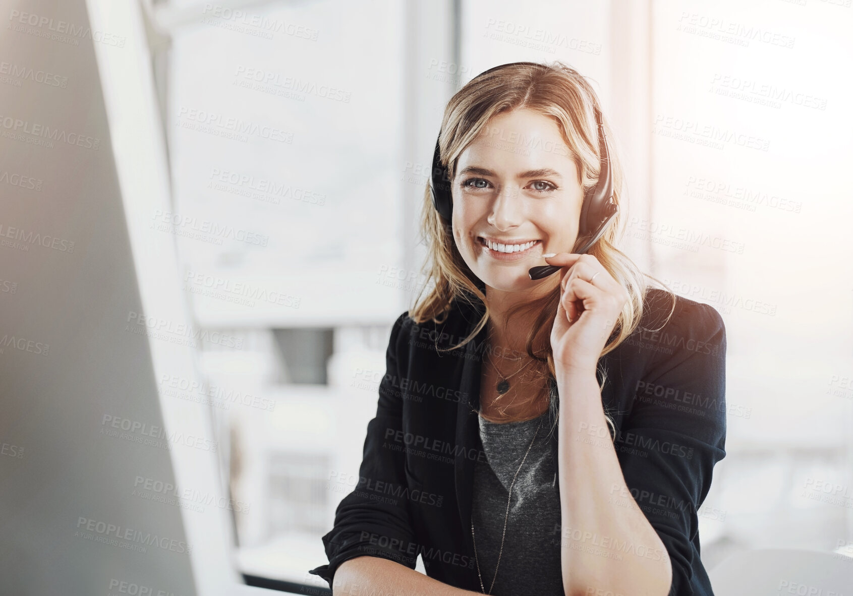 Buy stock photo Woman, headset and smile in portrait for telemarketing, sales and lead generation in call center. Female agent, virtual assistant and crm in office for communication, consultation and help in Canada